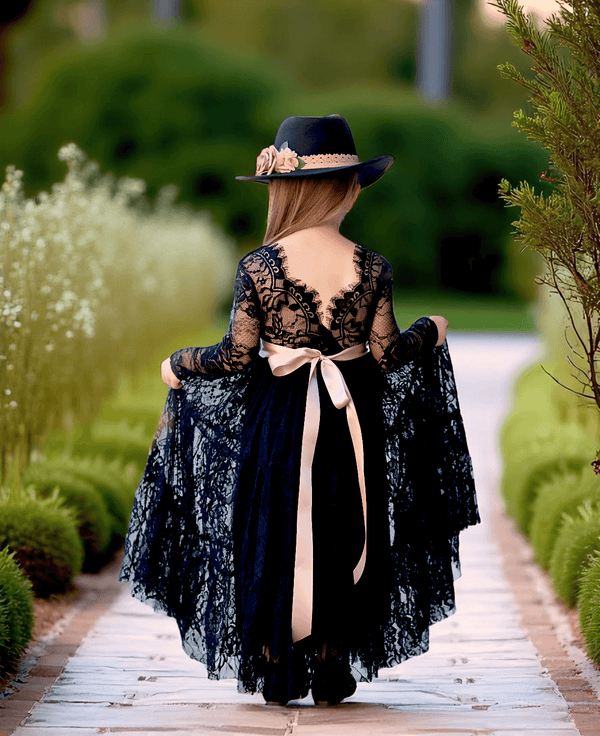 Black Lace Open Back Dress - 