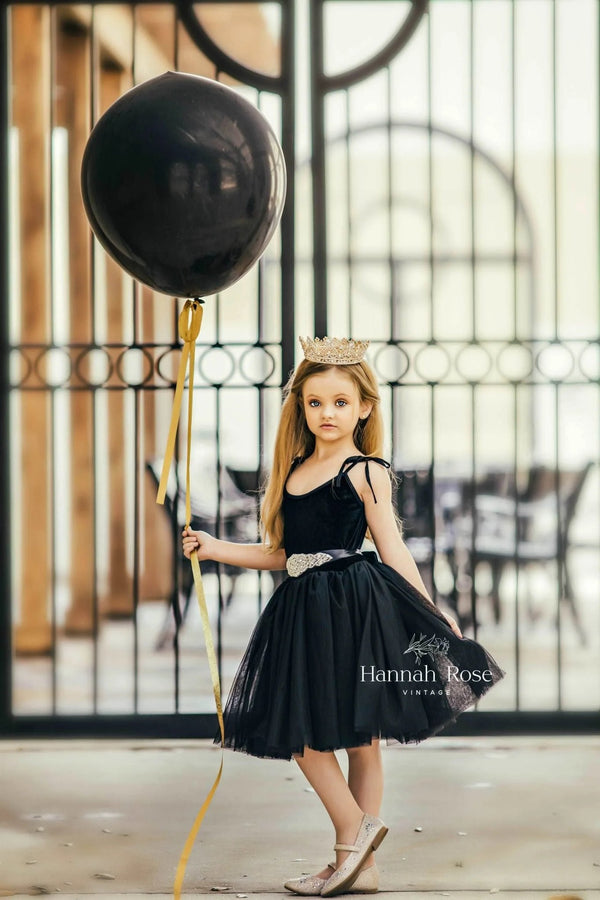 Black Velvet and Tulle Girls Party Dress - 