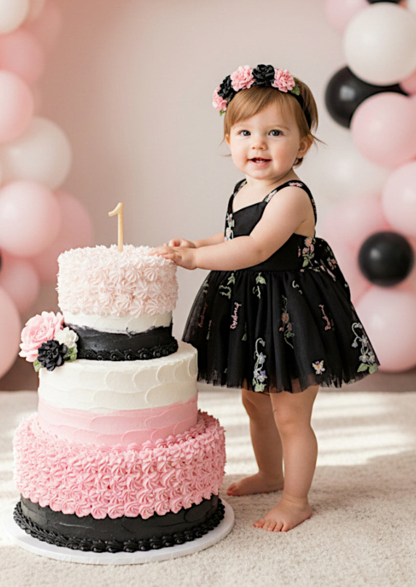 Black Embroidered Baby Romper First Birthday Outfit