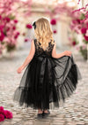 Black backless tulle and lace flower girl dresses for black and white weddings