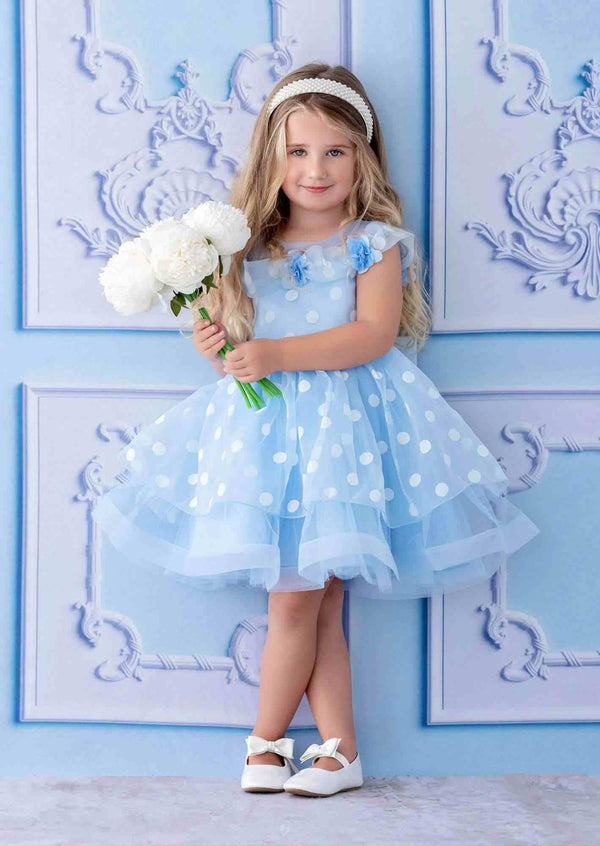 Blue dot birthday party dress with layered organza, bow back, and flower trim for special occasions