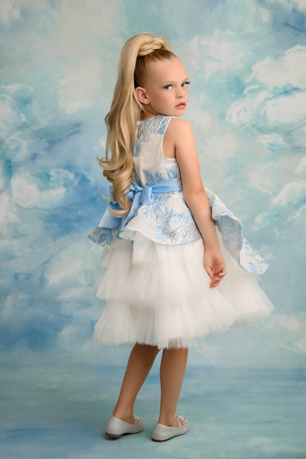 Blue & Silver Brocade Girls Party Dress - 
