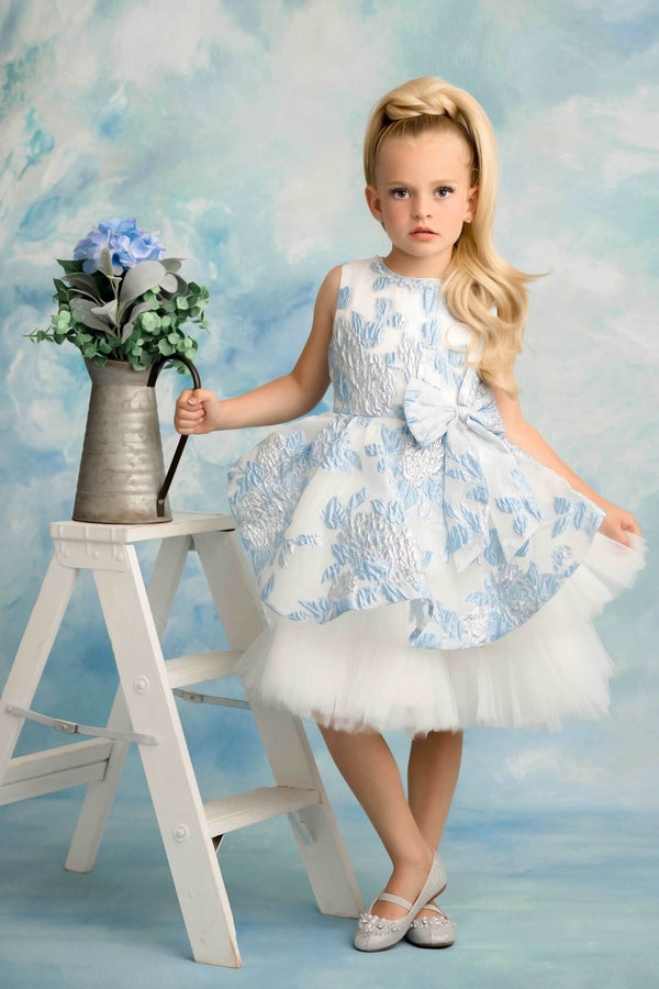 Blue & Silver Brocade Girls Party Dress - 