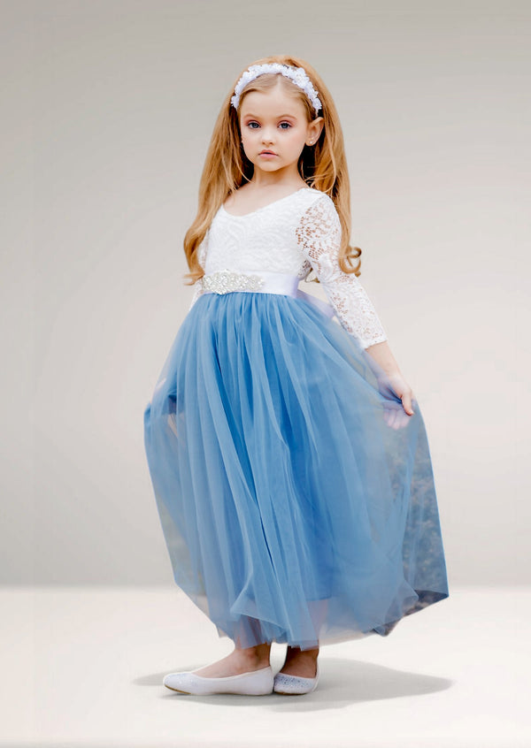 dusty blue and white flower girl dresses with sleeves for girls 