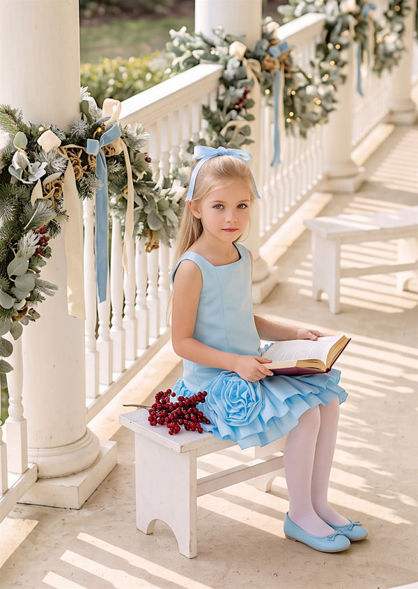Girls Blue Flowers Applique Party Dress | Special Occasion Christmas