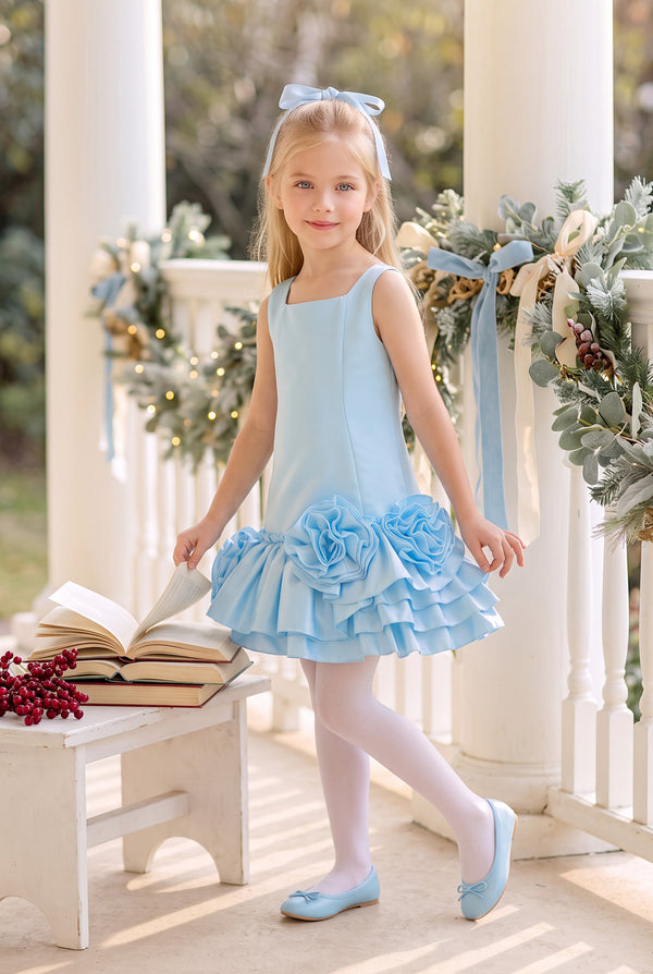 Girls Blue Flowers Applique Party Dress | Special Occasion Christmas