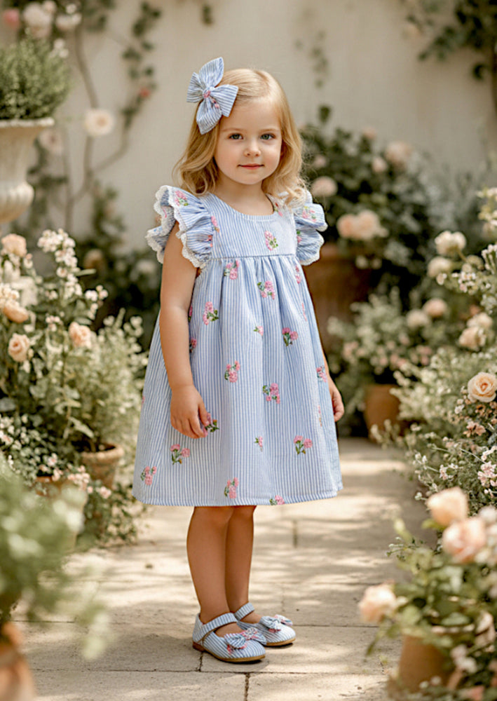 Toddler and Girls Blue Stripe Dress with Pink Embroidered Flowers