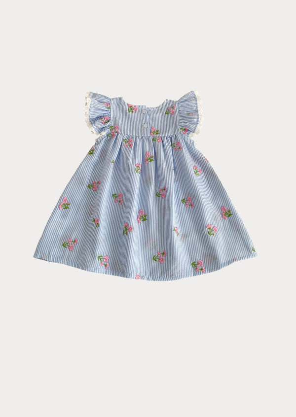 Toddler and Girls Blue Stripe Dress with Pink Embroidered Flowers