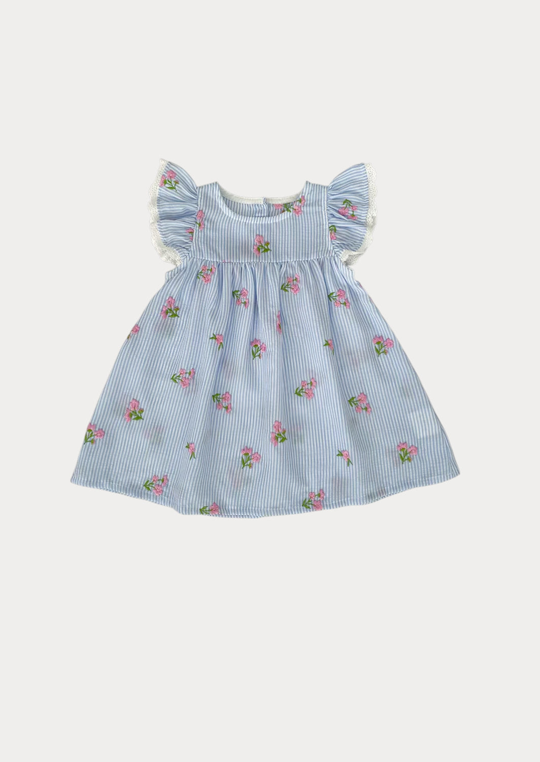 Toddler and Girls Blue Stripe Dress with Pink Embroidered Flowers