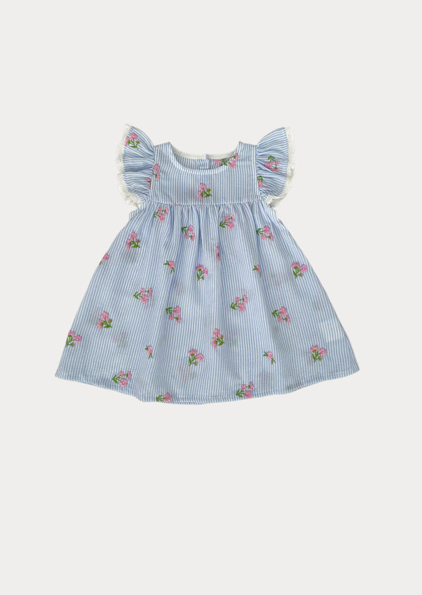 Toddler and Girls Blue Stripe Dress with Pink Embroidered Flowers