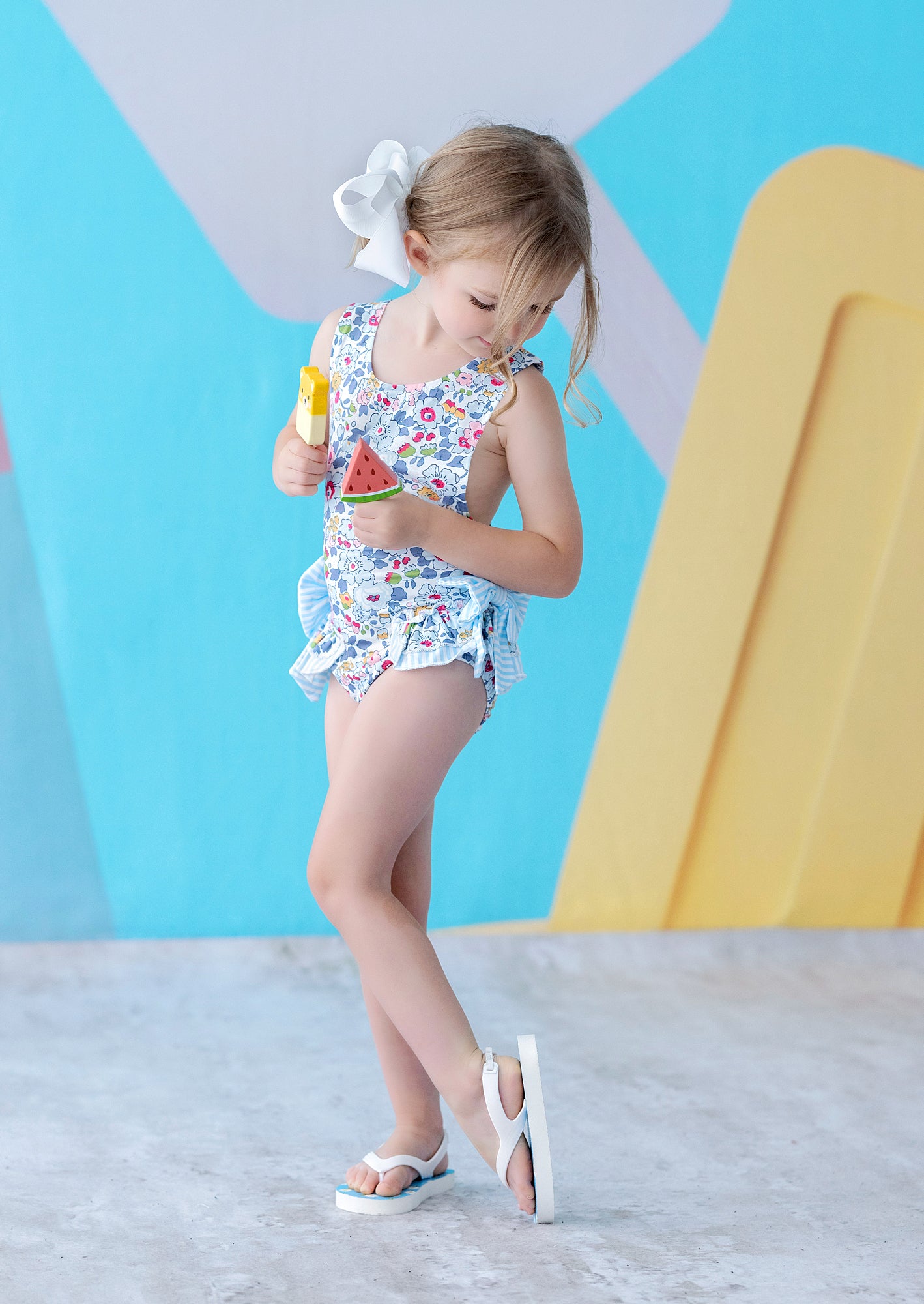 Blue floral print toddler girl one piece swimsuit