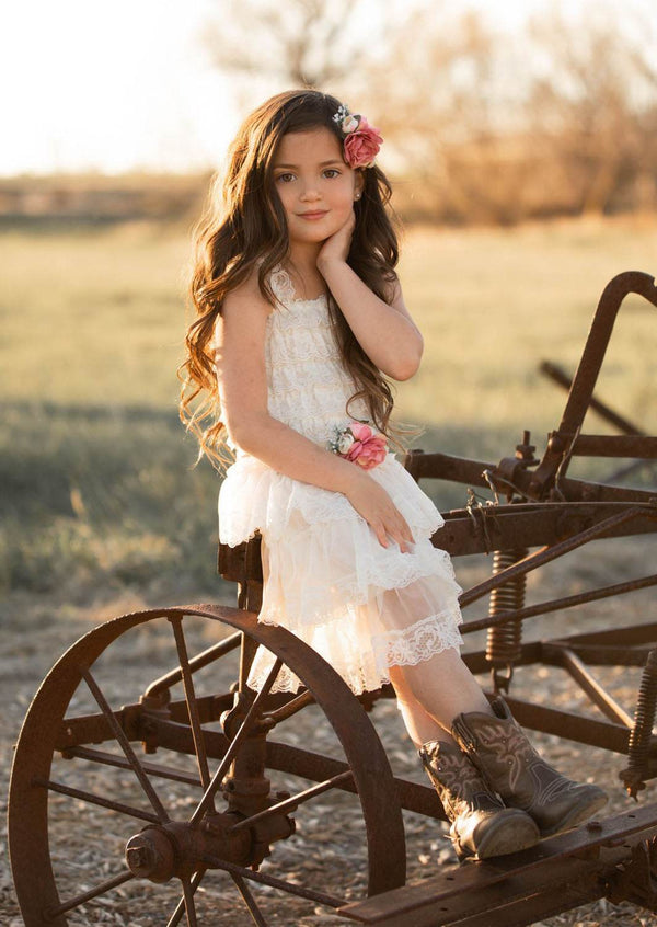 Boho Lace & Tulle Flower Girl Dress Knee Length Ivory - 