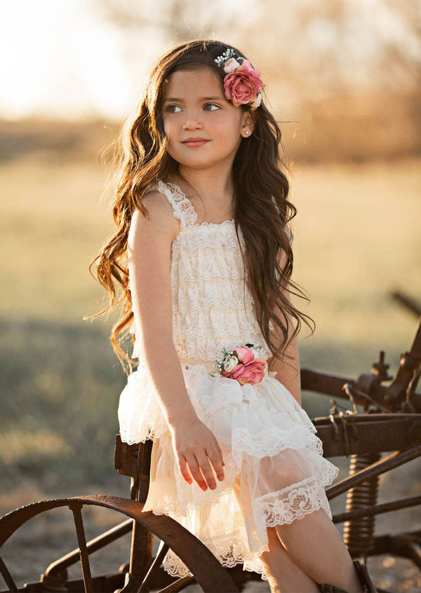 Boho Lace & Tulle Flower Girl Dress Knee Length Ivory - 