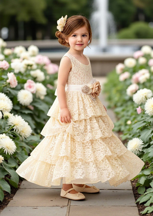 Boho Rustic Layered Lace Flower Girl Dress Ivory - 