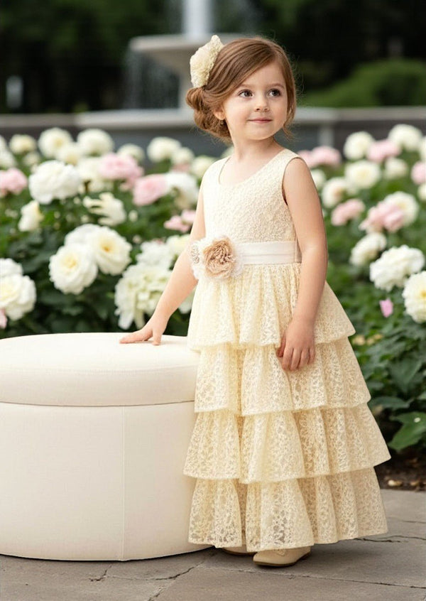 Boho Rustic Layered Lace Flower Girl Dress Ivory - 