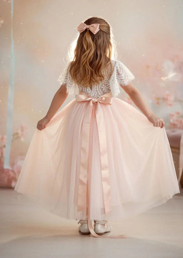 Boho Tulle Flower Girl Dress Flutter Sleeve Blush Pink - 