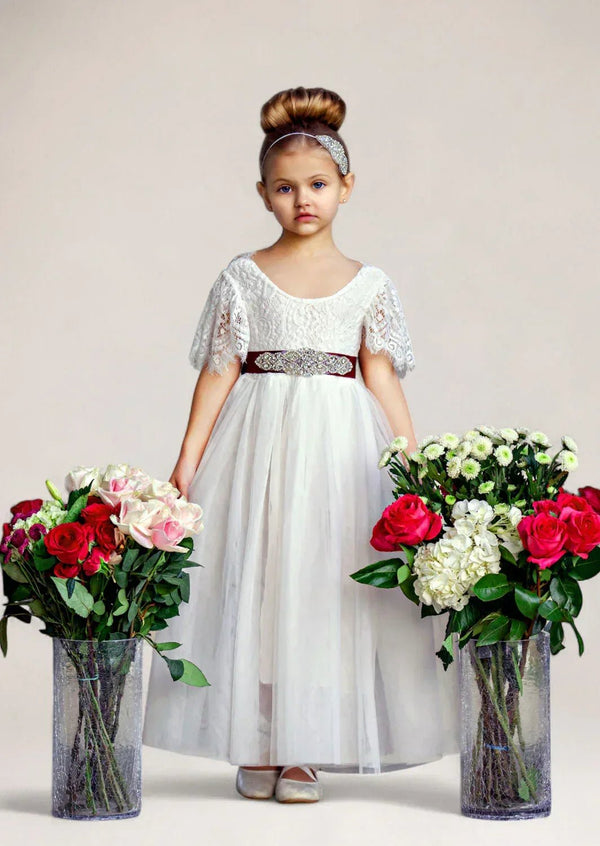 Boho Tulle Flower Girl Dress Flutter Sleeve Classic White - 