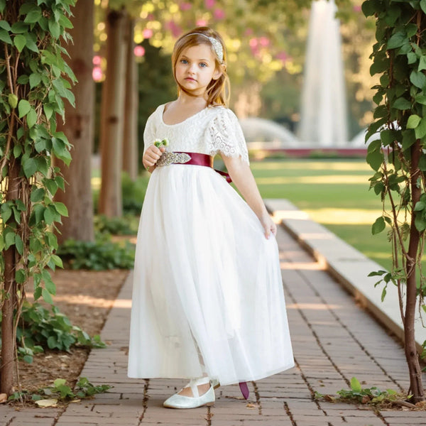 Boho Tulle Flower Girl Dress Flutter Sleeve Classic White - 