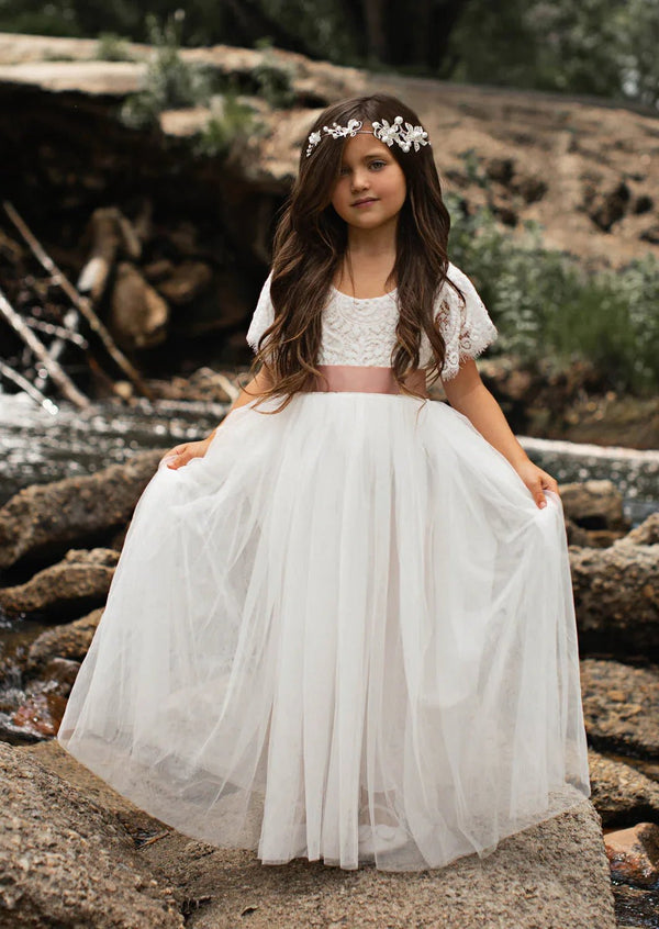 Boho Tulle Flower Girl Dress Flutter Sleeve Classic White/Ivory - 