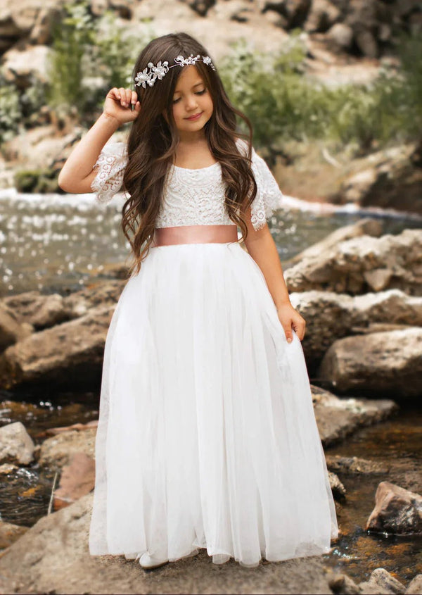 Boho Tulle Flower Girl Dress Flutter Sleeve Classic White/Ivory - 