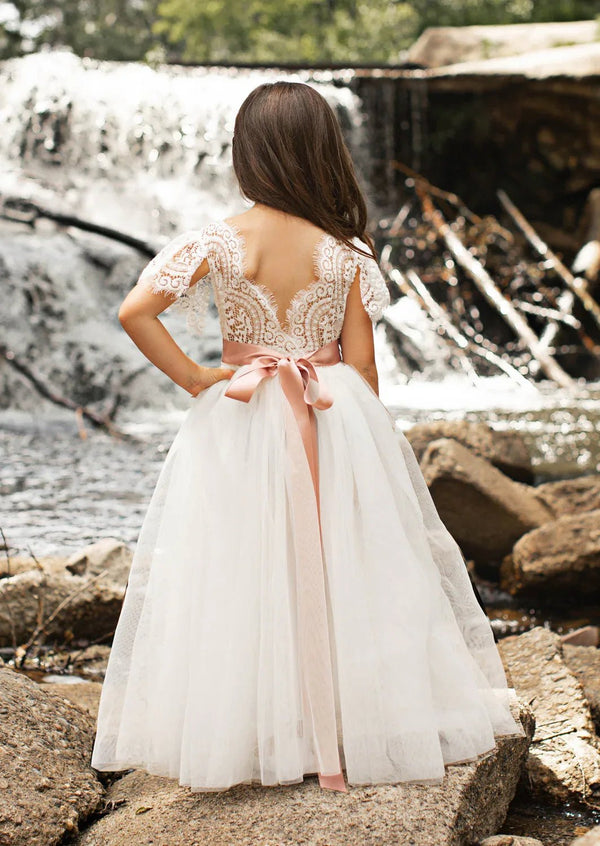 Boho Tulle Flower Girl Dress Flutter Sleeve Classic White/Ivory - 