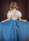 Boho Tulle Flower Girl Dress Flutter Sleeve Dusty Blue - 