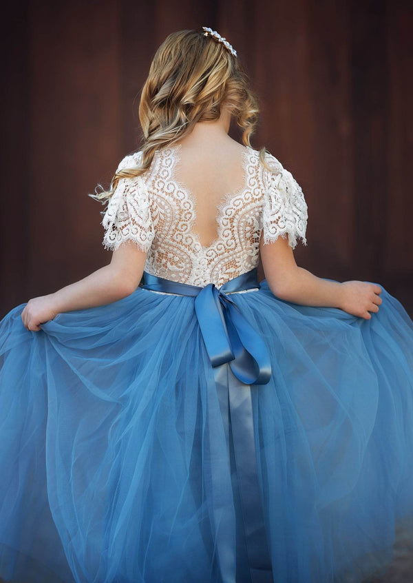 Boho Tulle Flower Girl Dress Flutter Sleeve Dusty Blue - 