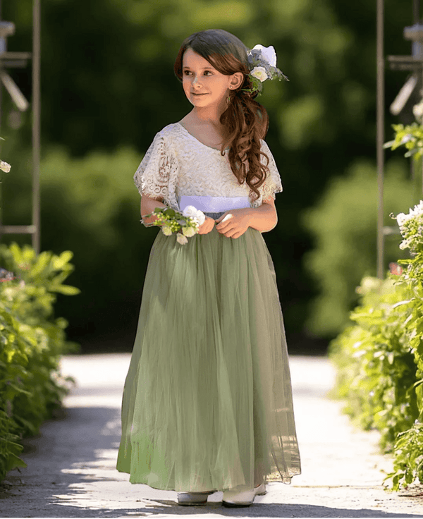 Boho Tulle Flower Girl Dress Flutter Sleeve Sage Green - 