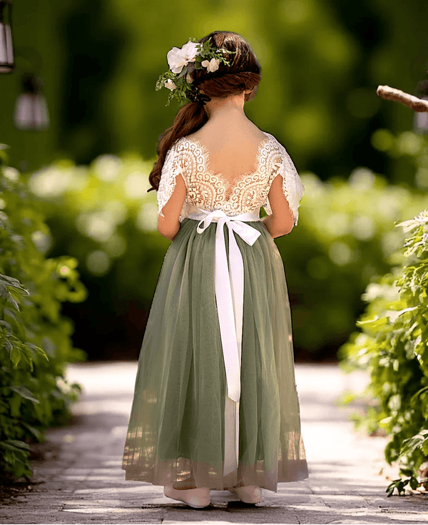 Boho Tulle Flower Girl Dress Flutter Sleeve Sage Green - 