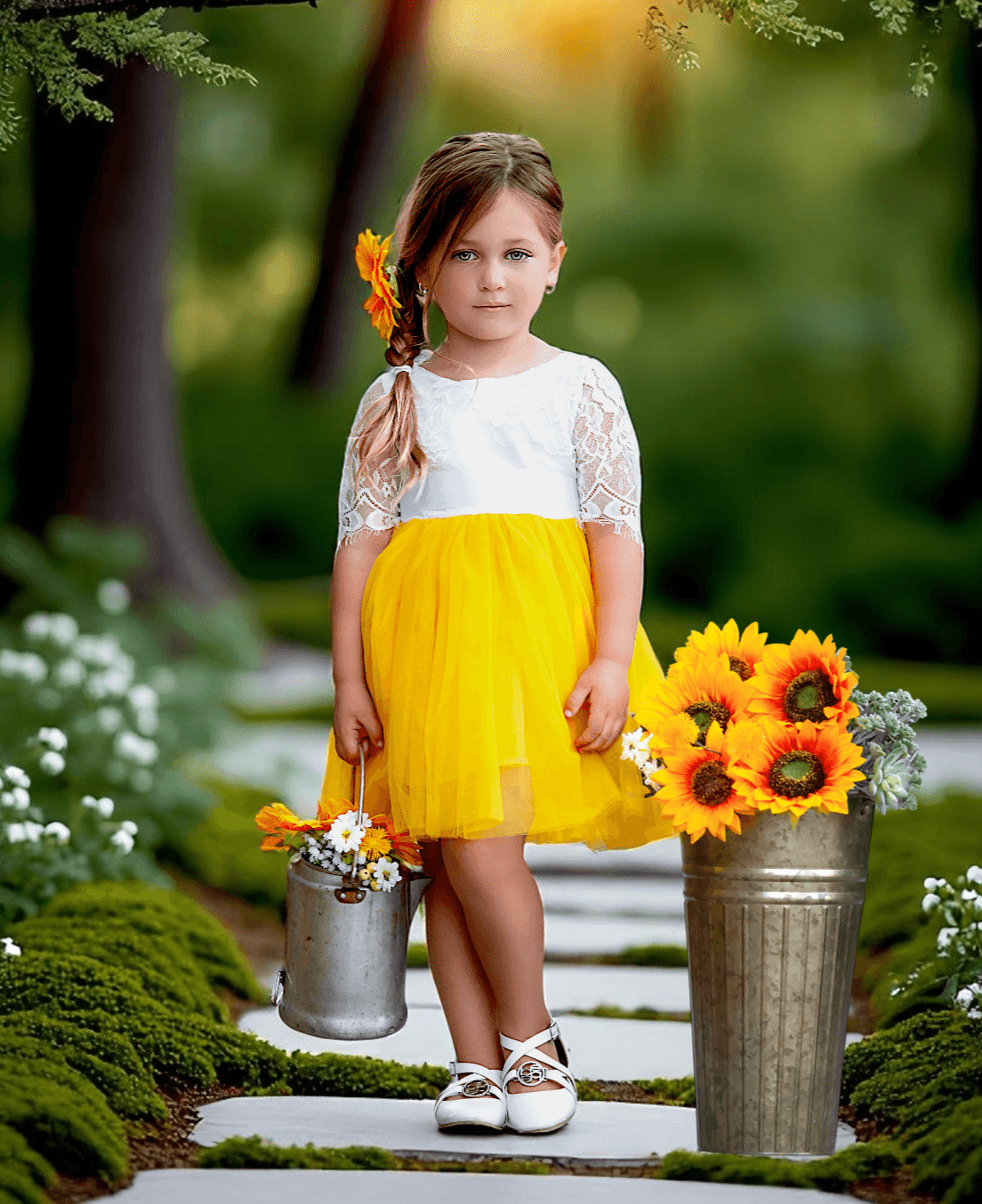 Sunflower yellow flower girl dress - knee length