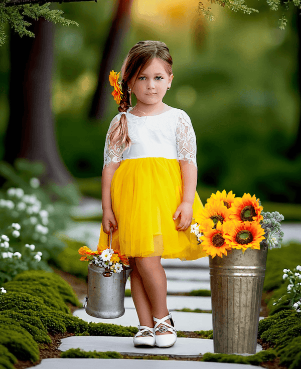 Sunflower yellow flower girl dress - knee length