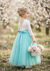 Aqua Long Sleeve Tulle & Lace Flower Girl Dress