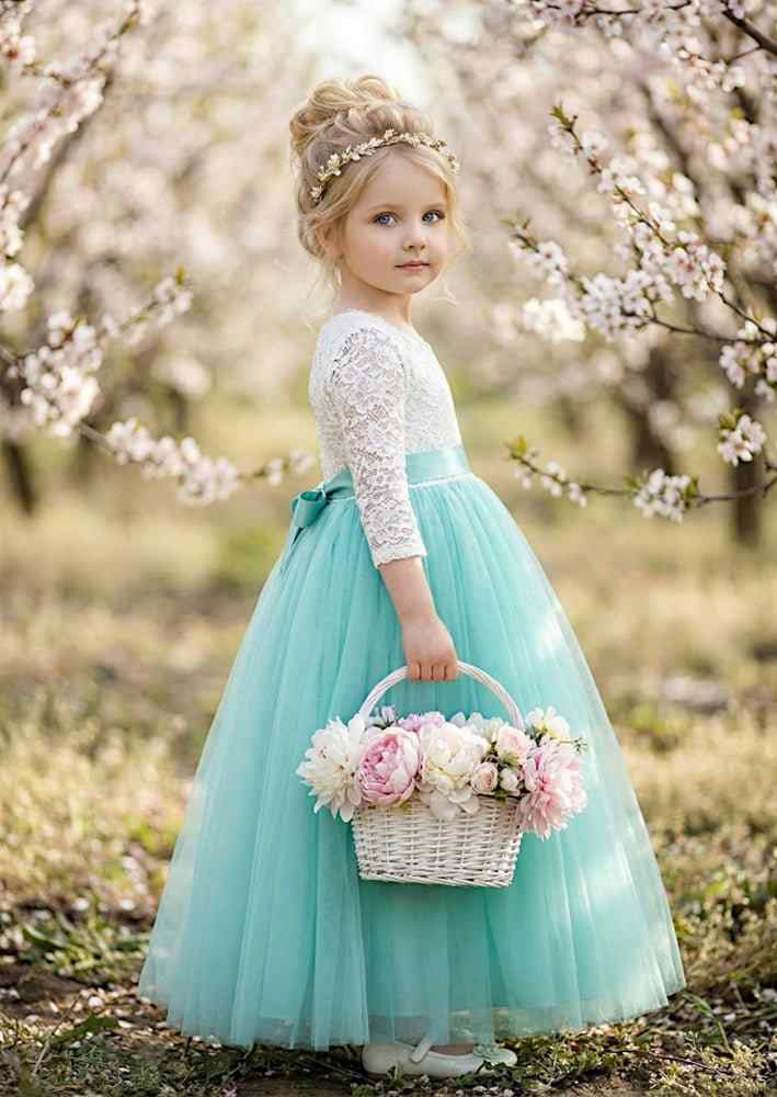Aqua Long Sleeve Tulle & Lace Flower Girl Dress