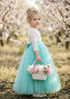 Aqua Long Sleeve Tulle & Lace Flower Girl Dress