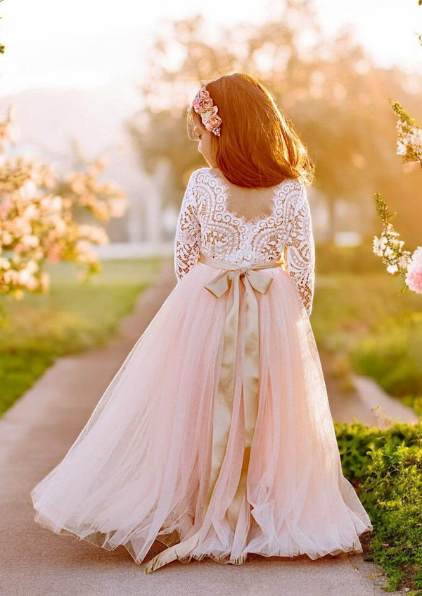 Boho Tulle Flower Girl Dress Long Sleeve Blush Pink - 