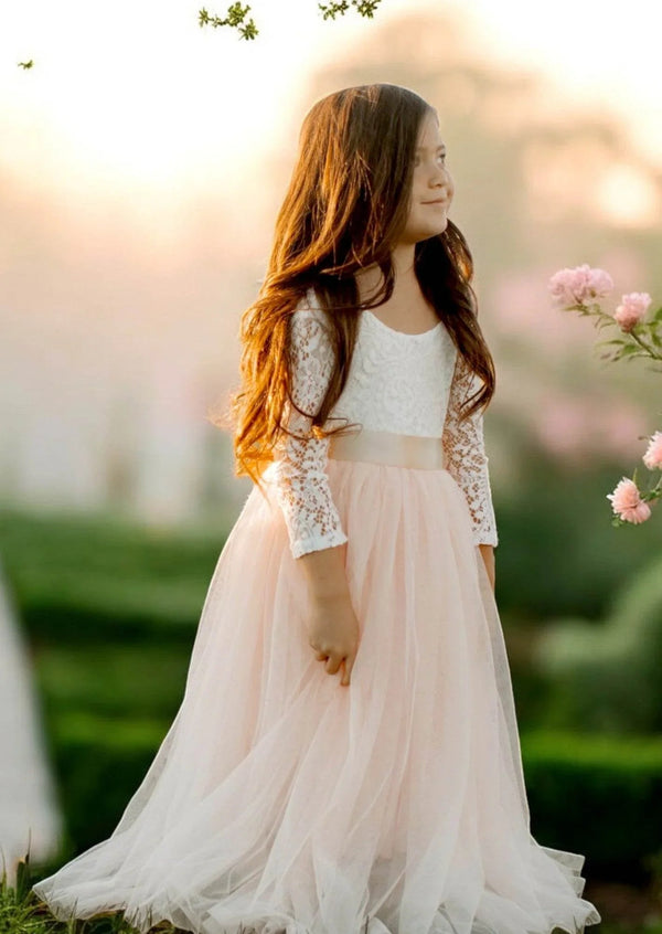 Boho Tulle Flower Girl Dress Long Sleeve Blush Pink - 