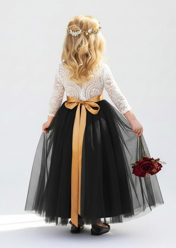Boho Tulle Flower Girl Dress Long Sleeve Classic Black - 