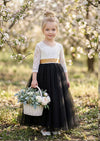 Boho Tulle Flower Girl Dress Long Sleeve Classic Black - 