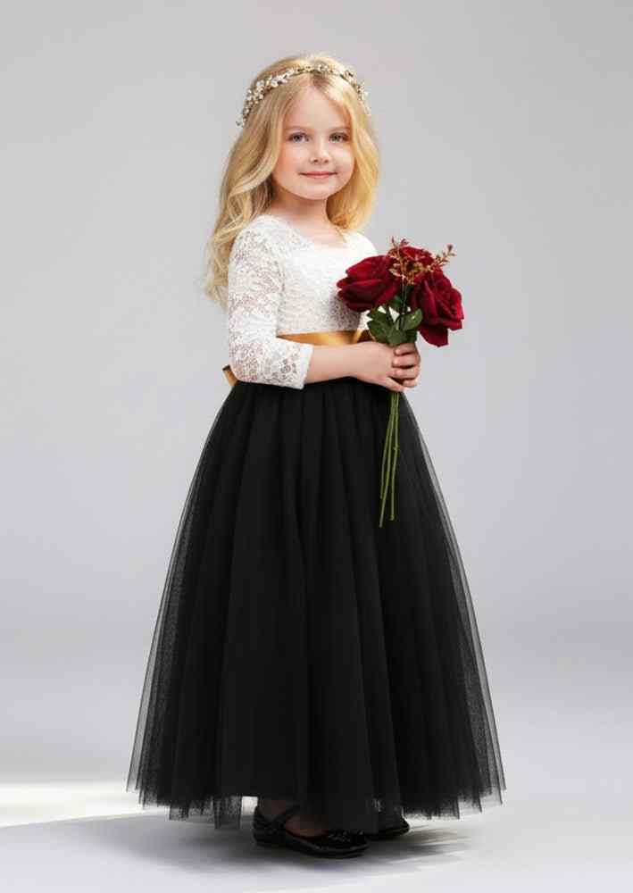 Boho Tulle Flower Girl Dress Long Sleeve Classic Black - 