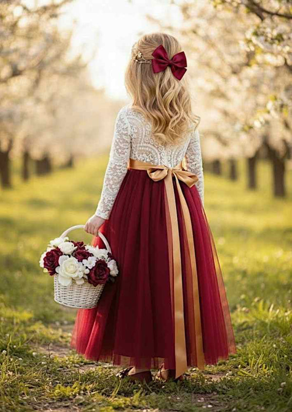 Celine Flower Girl Dress - Burgundy Long Sleeve - Dress with Satin Sash / 12M Celine Flower Girl Dress - Burgundy Long Sleeve - Dress with Satin Sash / 12M
