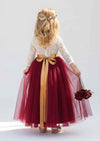 Boho Tulle Flower Girl Dress Long Sleeve Classic Burgundy - 