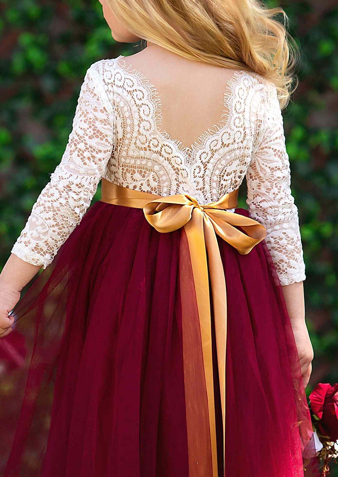 Boho Tulle Flower Girl Dress Long Sleeve Classic Burgundy - 