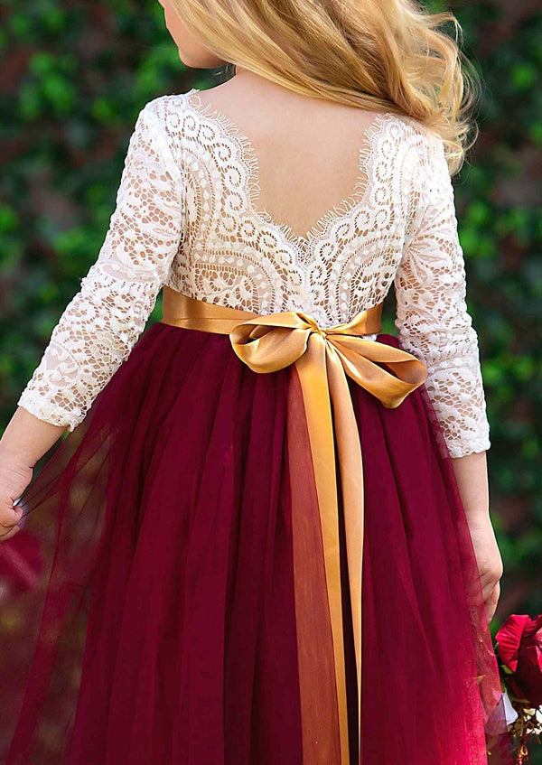 Celine Flower Girl Dress - Burgundy Long Sleeve | Elegant & Classic Celine Flower Girl Dress - Burgundy Long Sleeve | Elegant & Classic