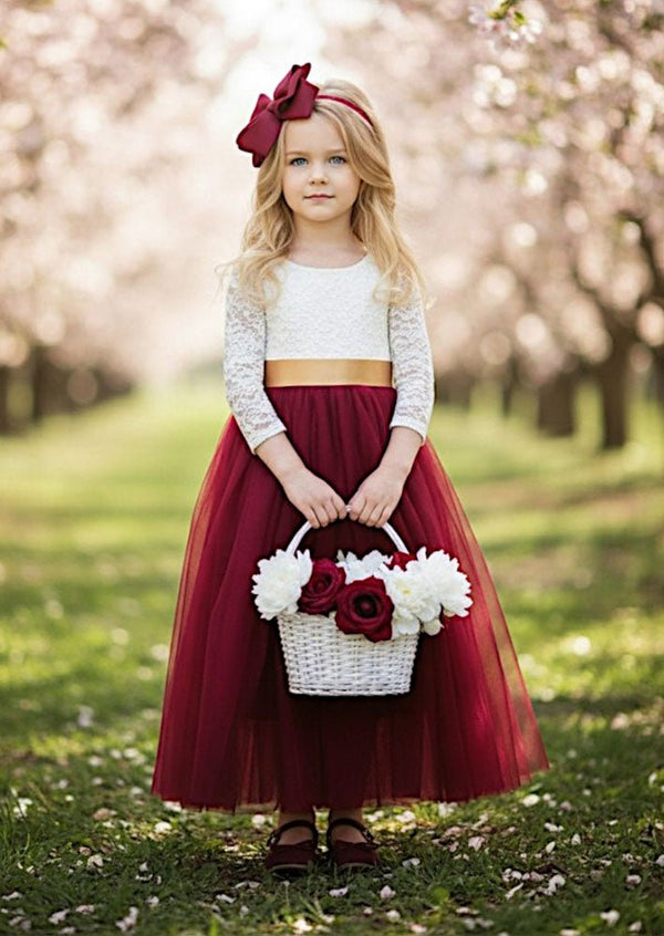 Boho Tulle Flower Girl Dress Long Sleeve Classic Burgundy - 