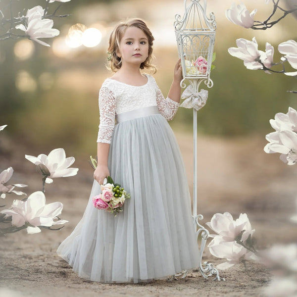 Boho Tulle Flower Girl Dress Long Sleeve Classic Gray - 