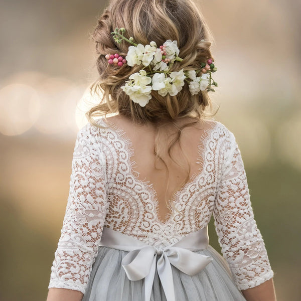 Boho Tulle Flower Girl Dress Long Sleeve Classic Gray - 