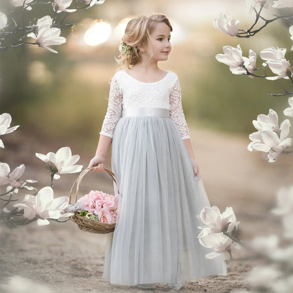 Boho Tulle Flower Girl Dress Long Sleeve Classic Gray - 