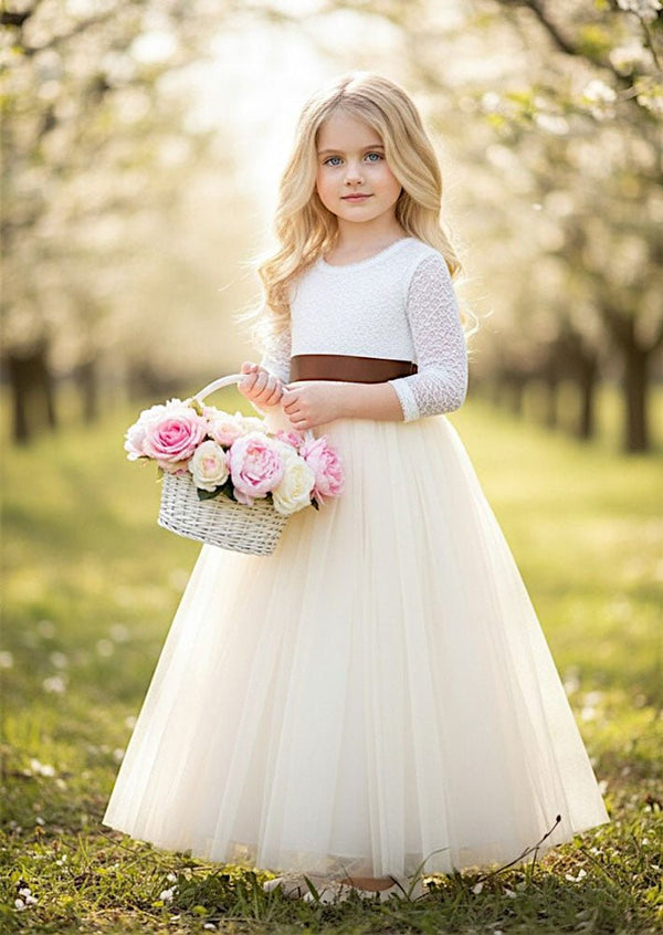 Boho Tulle Flower Girl Dress Long Sleeve Classic Ivory - 