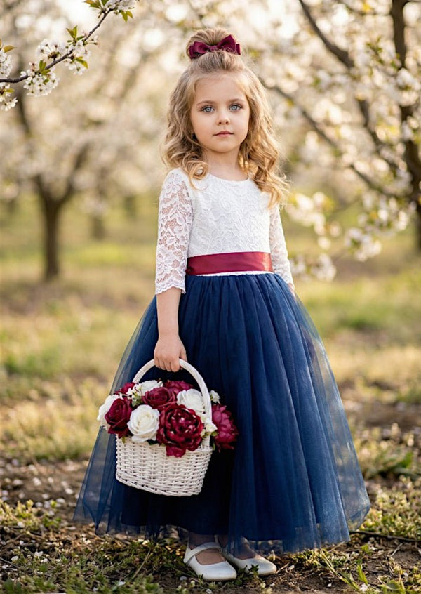 Boho Tulle Flower Girl Dress Long Sleeve Classic Navy - 