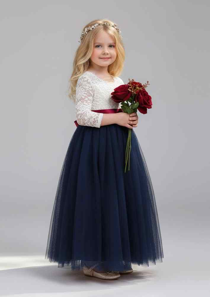 Boho Tulle Flower Girl Dress Long Sleeve Classic Navy - 